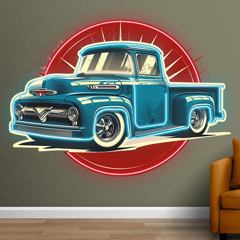 Classic Blue Pickup Truck Neon Light – Vintage LED Car Decor