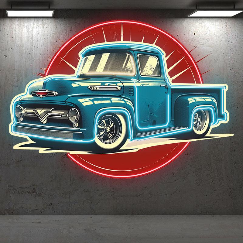 Classic Blue Pickup Truck Neon Light – Vintage LED Car Decor