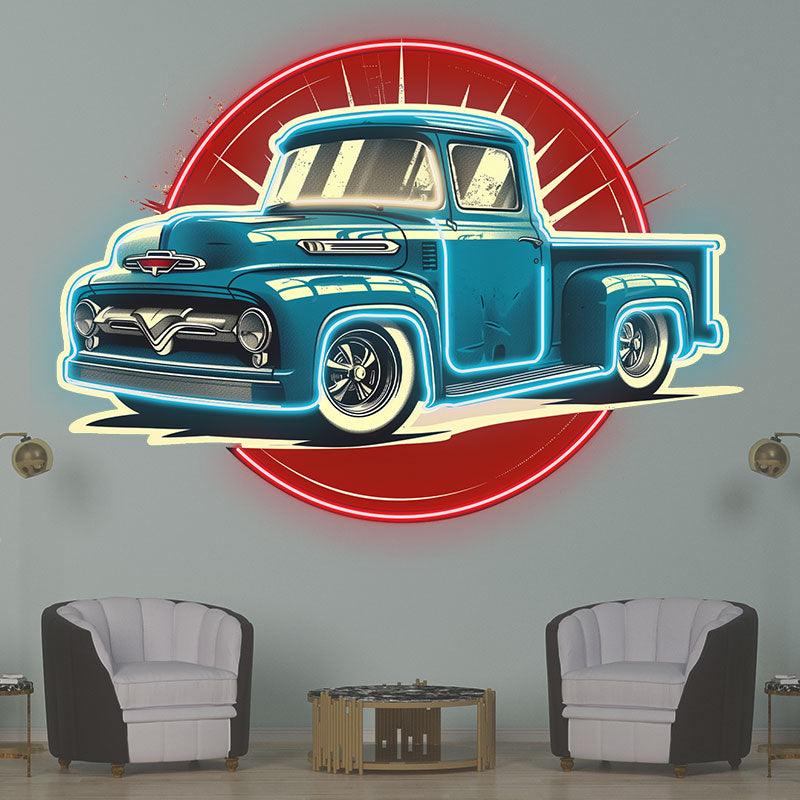 Classic Blue Pickup Truck Neon Light – Vintage LED Car Decor