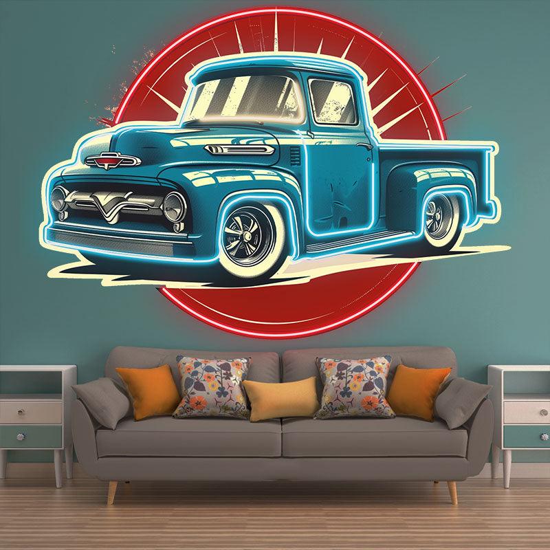 Classic Blue Pickup Truck Neon Light – Vintage LED Car Decor