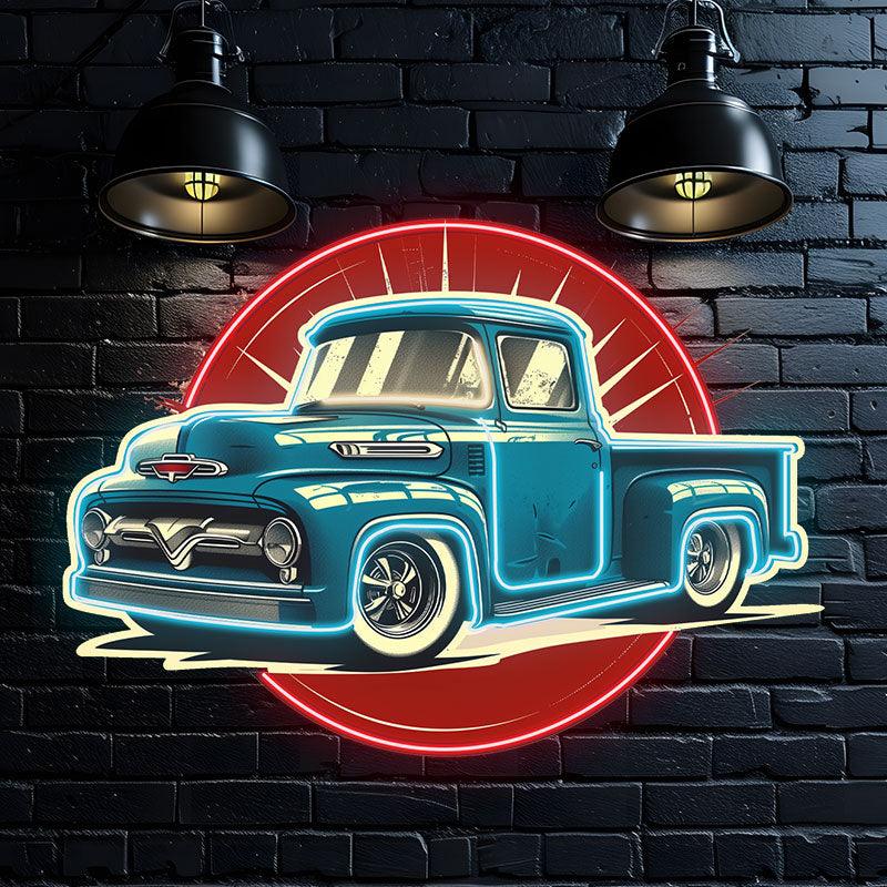 Classic Blue Pickup Truck Neon Light – Vintage LED Car Decor