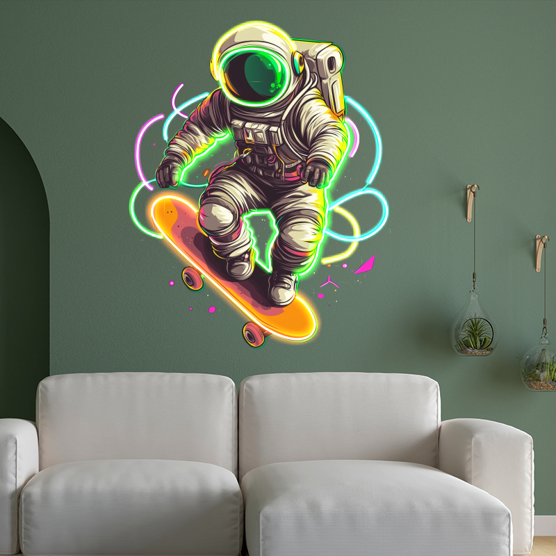 Astronaut Neon Sign, Skateboard LED Sign,Spaceman Playing Skateboard Neon Light, UV Printing Acrylic Art, Bedroom Decor