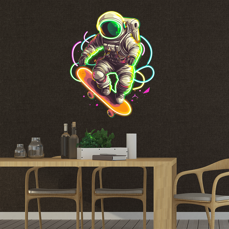 Astronaut Neon Sign, Skateboard LED Sign,Spaceman Playing Skateboard Neon Light, UV Printing Acrylic Art, Bedroom Decor