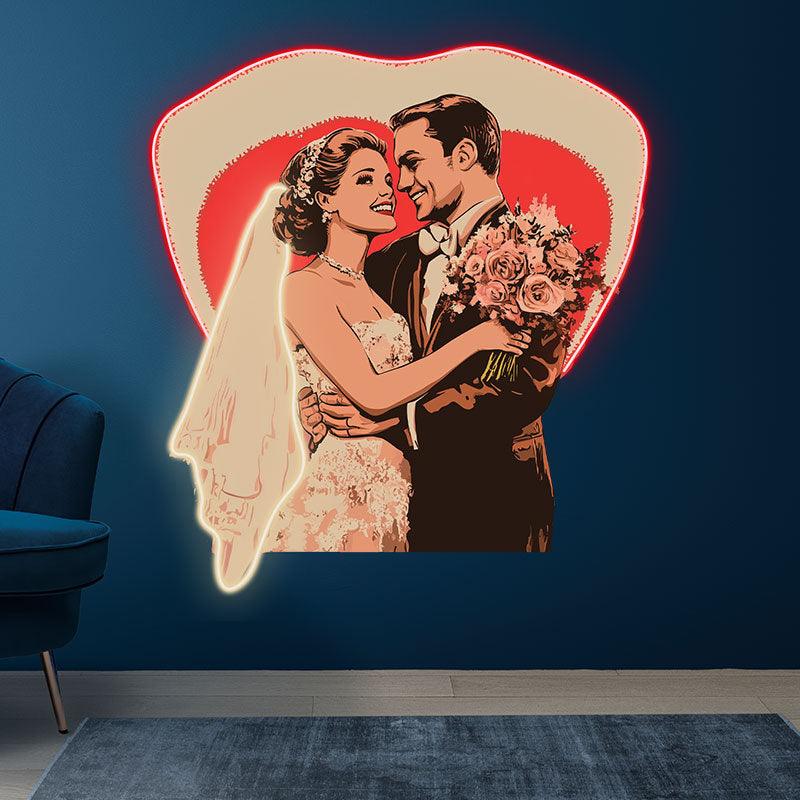 Bride And Groom Happy Embrace Neon signs | Happy Smile Background | Solid Shield LED Decoration | Wedding Lighting Art