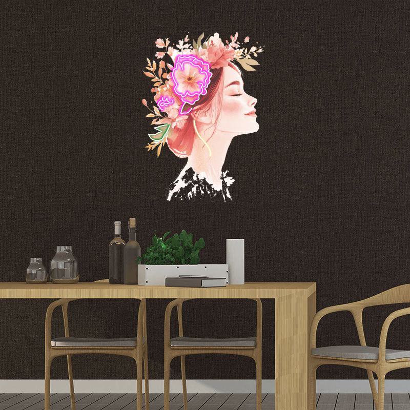 Beautiful Girl Profile LED Neon Sign - Smiling with Floral Crown of Red Flowers - Perfect for Home Decor & Gifts