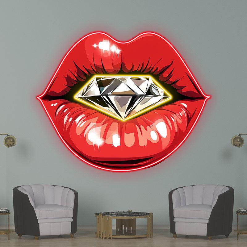 Glamorous Red Lips LED Neon Sign - Stunning Lip Close-Up with Sparkling Diamond - Perfect for Beauty Salons & Chic Decor