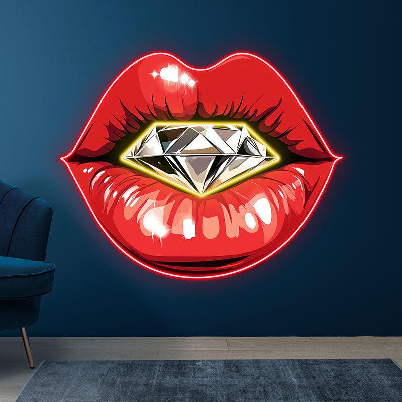 Glamorous Red Lips LED Neon Sign - Stunning Lip Close-Up with Sparkling Diamond - Perfect for Beauty Salons & Chic Decor