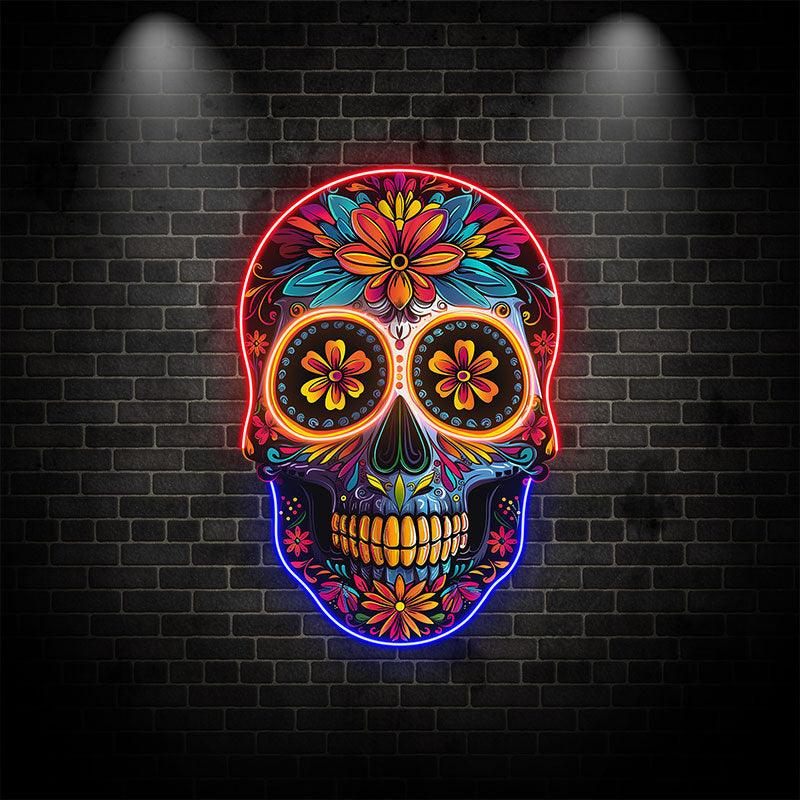 Colorful Floral Smiling Skull Neon LED Light – Whimsical Art Decor
