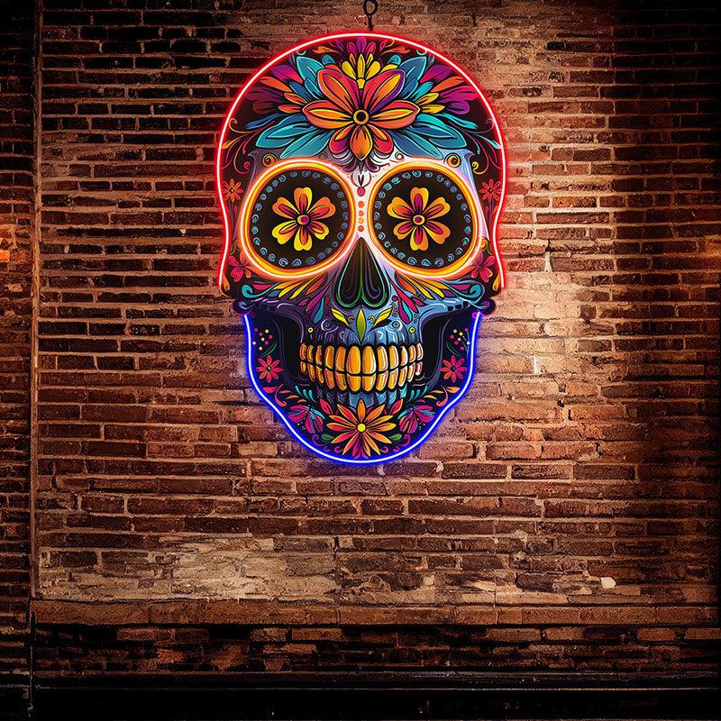 Colorful Floral Smiling Skull Neon LED Light – Whimsical Art Decor