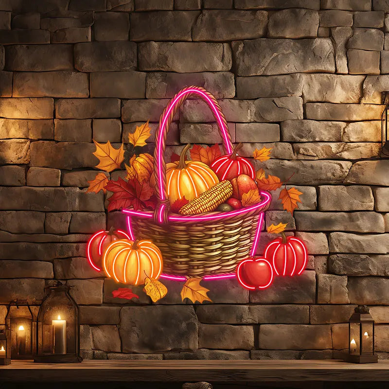 Autumn Harvest Basket Thanksgiving Neon Light – Rustic LED Thanksgiving Decor with Pumpkins, Corn and Apples, Autumn Home decor