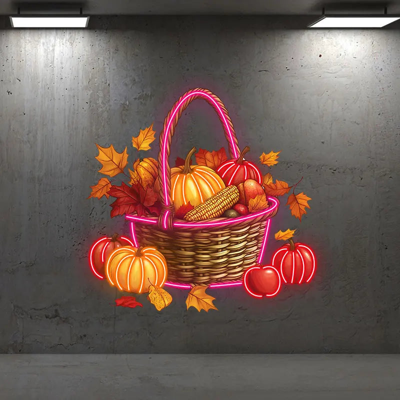 Autumn Harvest Basket Thanksgiving Neon Light – Rustic LED Thanksgiving Decor with Pumpkins, Corn and Apples, Autumn Home decor