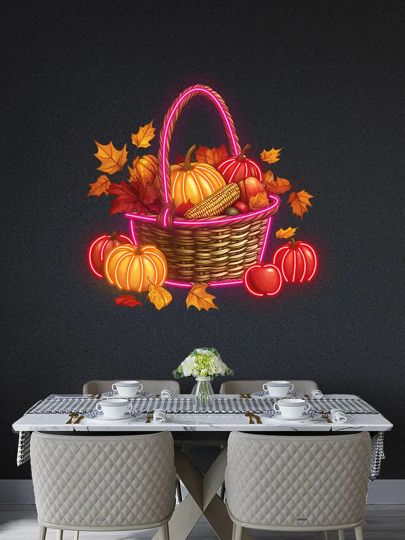 Autumn Harvest Basket Thanksgiving Neon Light – Rustic LED Thanksgiving Decor with Pumpkins, Corn and Apples, Autumn Home decor