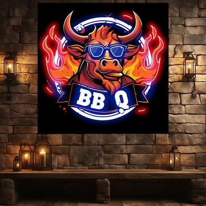 Handsome bull wearing sunglasses barbecuing neon signs