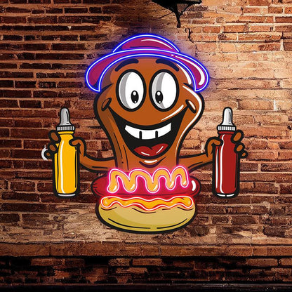 Hot Dog Buddy:neon signs Happy and ready for a burger, a tasty combination of ketchup and salsa!