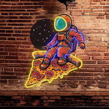 Space Pizza Party neon signs | Astronauts sitting on a big pizza | Creative Neon Decoration