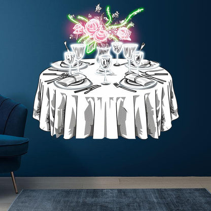 Wedding Delight: neon signs Pink Flowers on White Tables with Beautiful Plates | The Perfect Setting for a Sweet Celebration