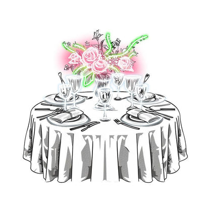 Wedding Delight: neon signs Pink Flowers on White Tables with Beautiful Plates | The Perfect Setting for a Sweet Celebration