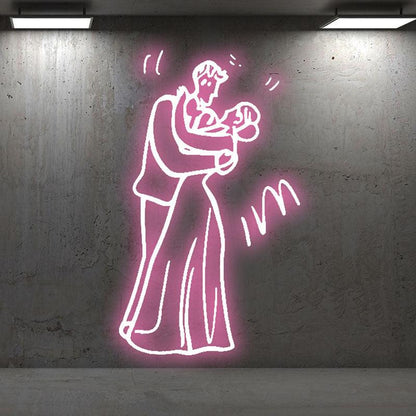 Romantic Pink Wedding Neon Light – Bride & Groom Sweet Embrace LED Decor