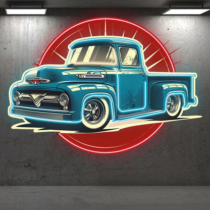 Classic Blue Pickup Truck Neon Light – Vintage LED Car Decor