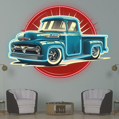 Classic Blue Pickup Truck Neon Light – Vintage LED Car Decor