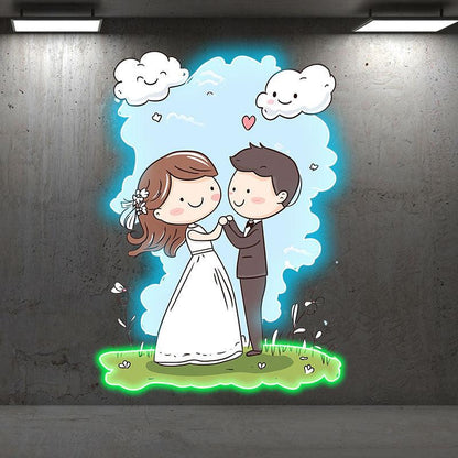 Bride and Groom Hand in Hand LED Neon signs | Blue Sky and White Clouds Warm Picture Decoration Lights | Suitable for Wedding and Home Decoration