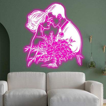 Pink Art LED Neon signs| Bride and Groom Holding Big Flowers Happy Embrace Bust Decoration Light | Suitable for Wedding and Home Decoration