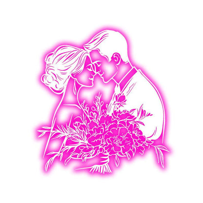 Pink Art LED Neon signs| Bride and Groom Holding Big Flowers Happy Embrace Bust Decoration Light | Suitable for Wedding and Home Decoration