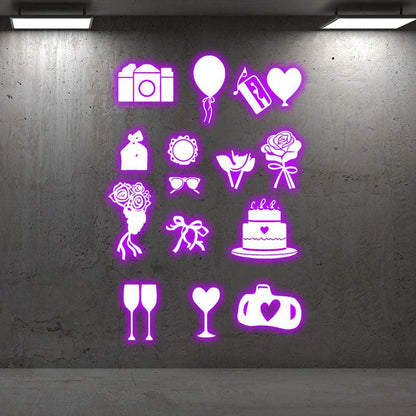 Festive Party Props LED signs Neon | Camera, Bouquet, Cake, Flower, Wine Decoration Lights | For Wedding, Birthday & Celebration