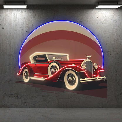 Red Classic Sports Car Neon Light – Round LED Wall Decor for Home & Shops