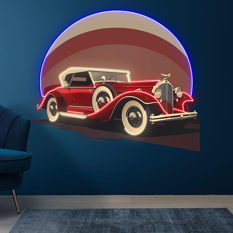 Red Classic Sports Car Neon Light – Round LED Wall Decor for Home & Shops