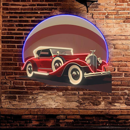 Red Classic Sports Car Neon Light – Round LED Wall Decor for Home & Shops