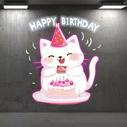 Happy Kitten With Hat Happy Birthday Neon signs | LED Decoration Lights | Cute Birthday Cake Wishing Lights | Creative Party Decoration