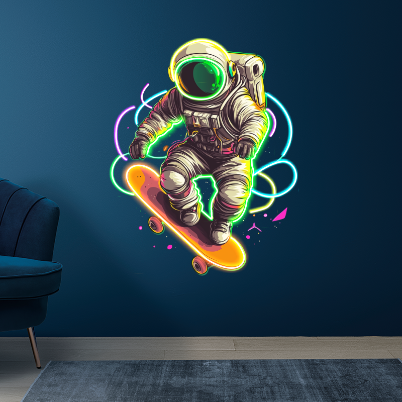 Astronaut Neon Sign, Skateboard LED Sign,Spaceman Playing Skateboard Neon Light, UV Printing Acrylic Art, Bedroom Decor
