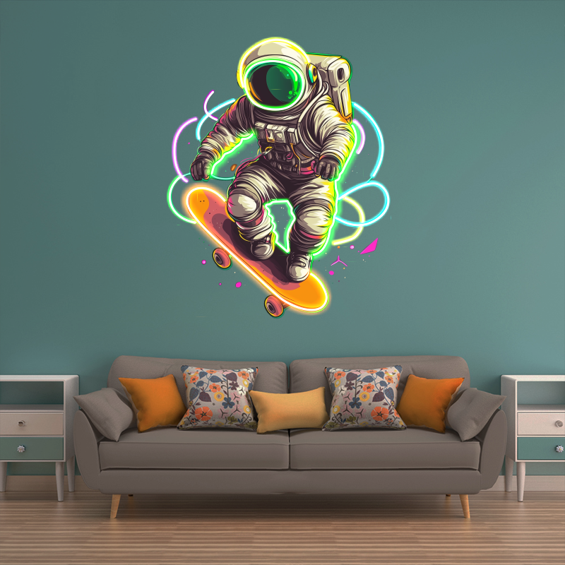 Astronaut Neon Sign, Skateboard LED Sign,Spaceman Playing Skateboard Neon Light, UV Printing Acrylic Art, Bedroom Decor