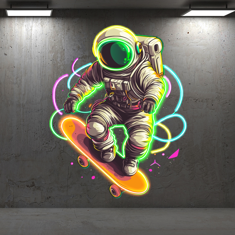 Astronaut Neon Sign, Skateboard LED Sign,Spaceman Playing Skateboard Neon Light, UV Printing Acrylic Art, Bedroom Decor