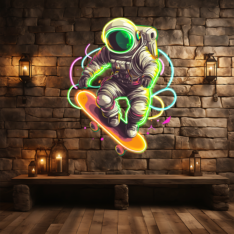 Astronaut Neon Sign, Skateboard LED Sign,Spaceman Playing Skateboard Neon Light, UV Printing Acrylic Art, Bedroom Decor