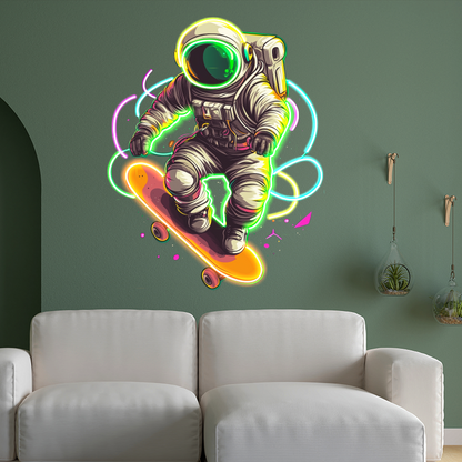 Astronaut Neon Sign, Skateboard LED Sign,Spaceman Playing Skateboard Neon Light, UV Printing Acrylic Art, Bedroom Decor