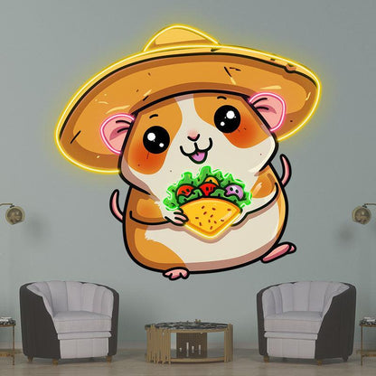 Cute Little Mouse Neon signs Lights - LED Lights with Big Hat and Pizza in Hand, Funny Home Decor, Perfect Party Vibe