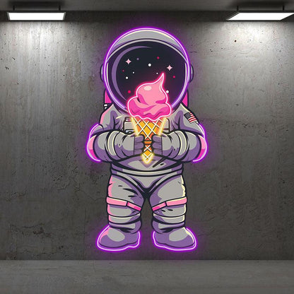 Purple Spaceman Neon signs Lights - LED Lights with Big Ice Cream in Hand, Creative Home Decor, Perfect Party Vibe