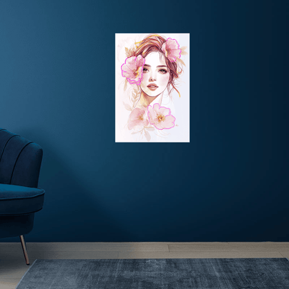 Fashion European and American Beauty Face Close-up Neon signs - Easy Painting Square Photo Frame LED Decorative Lamp Surrounded by Big Pink Flowers, Personalized Home and Creative Space Lighting