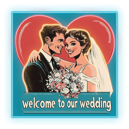 Square Wedding Neon signs | Bride and Groom Happy Hugs | Red Big Love Background | LED Decoration Lighting