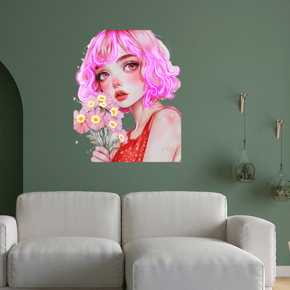 European and American cartoon beauties neon signs - red dress with hair, handheld pink floral decoration - LED light art decorations