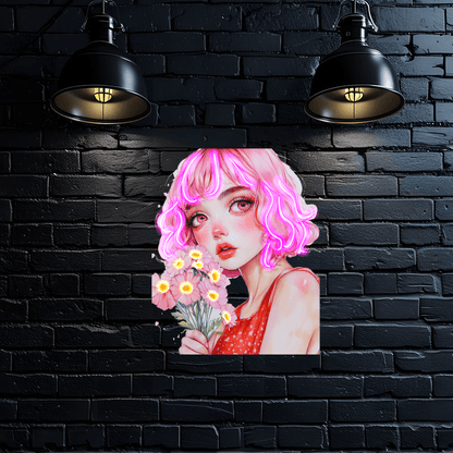 European and American cartoon beauties neon signs - red dress with hair, handheld pink floral decoration - LED light art decorations