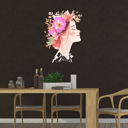 Beautiful Girl Profile LED Neon Sign - Smiling with Floral Crown of Red Flowers - Perfect for Home Decor & Gifts