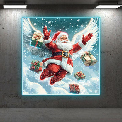 Flying Santa Claus Neon signs | Snow White Wings With Christmas Gift Box Decoration | LED Holiday Lights