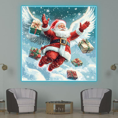 Flying Santa Claus Neon signs | Snow White Wings With Christmas Gift Box Decoration | LED Holiday Lights