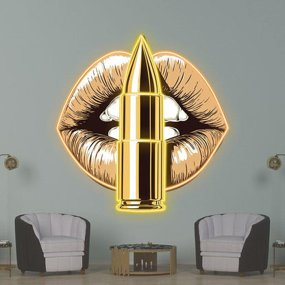 Vibrant Yellow Lips LED Neon Sign - Bold Lip Close-Up with Standing Bullet - Perfect for Edgy Decor & Unique Gifts