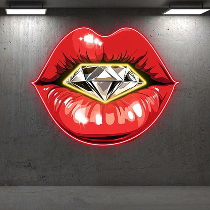 Glamorous Red Lips LED Neon Sign - Stunning Lip Close-Up with Sparkling Diamond - Perfect for Beauty Salons & Chic Decor