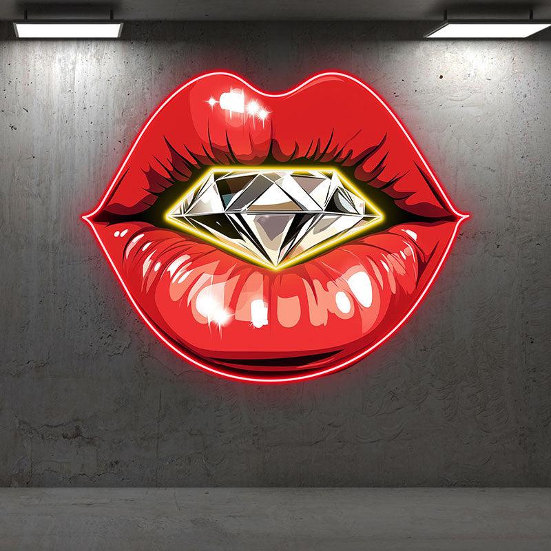 Glamorous Red Lips LED Neon Sign - Stunning Lip Close-Up with Sparkling Diamond - Perfect for Beauty Salons & Chic Decor