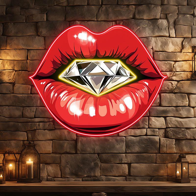 Glamorous Red Lips LED Neon Sign - Stunning Lip Close-Up with Sparkling Diamond - Perfect for Beauty Salons & Chic Decor